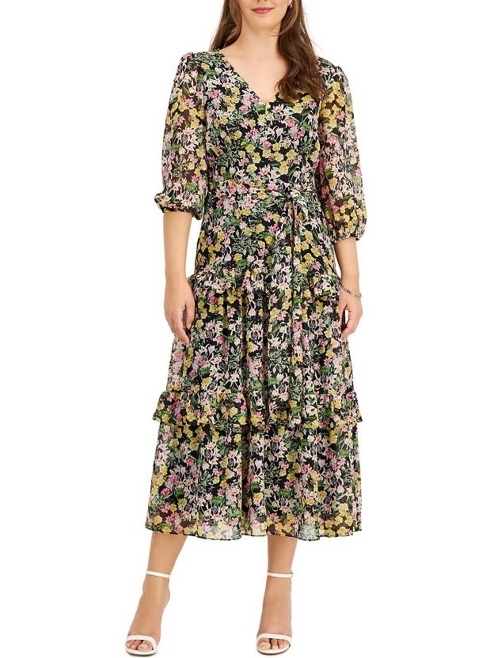 Taylor Floral Chiffon V Neck Tiered Aline Dress